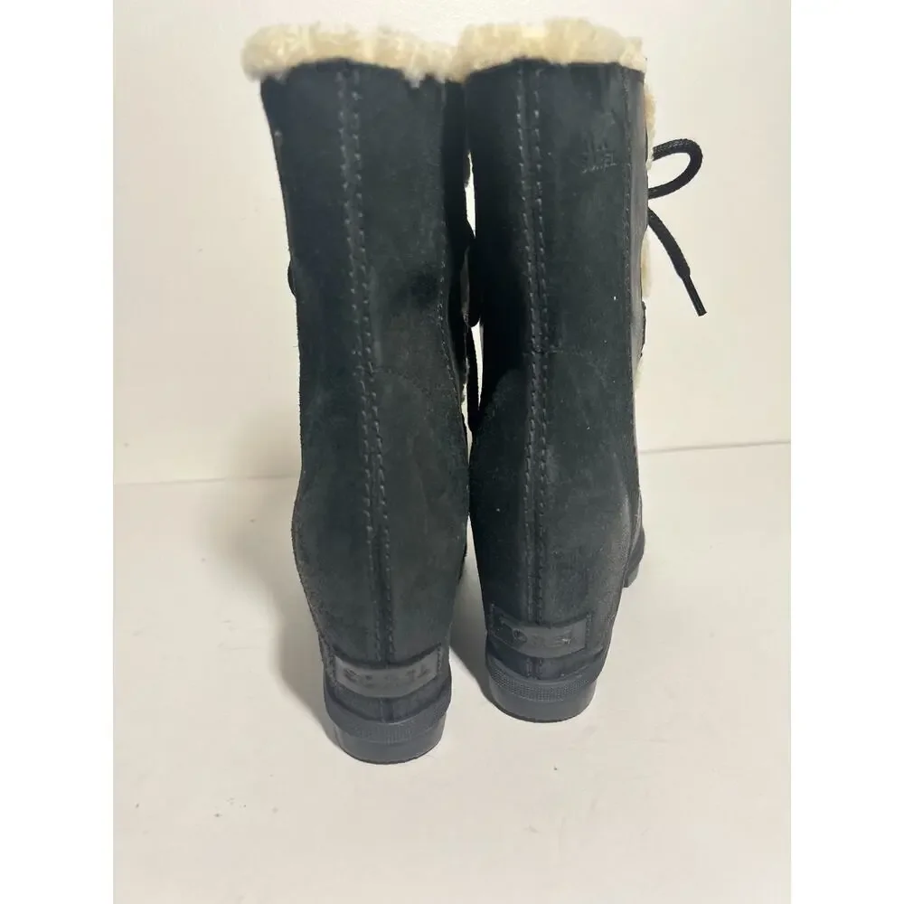 Sorel EUC Black Leather Joan of Arctic Wedge II Shearling Waterproof Boot Size 8